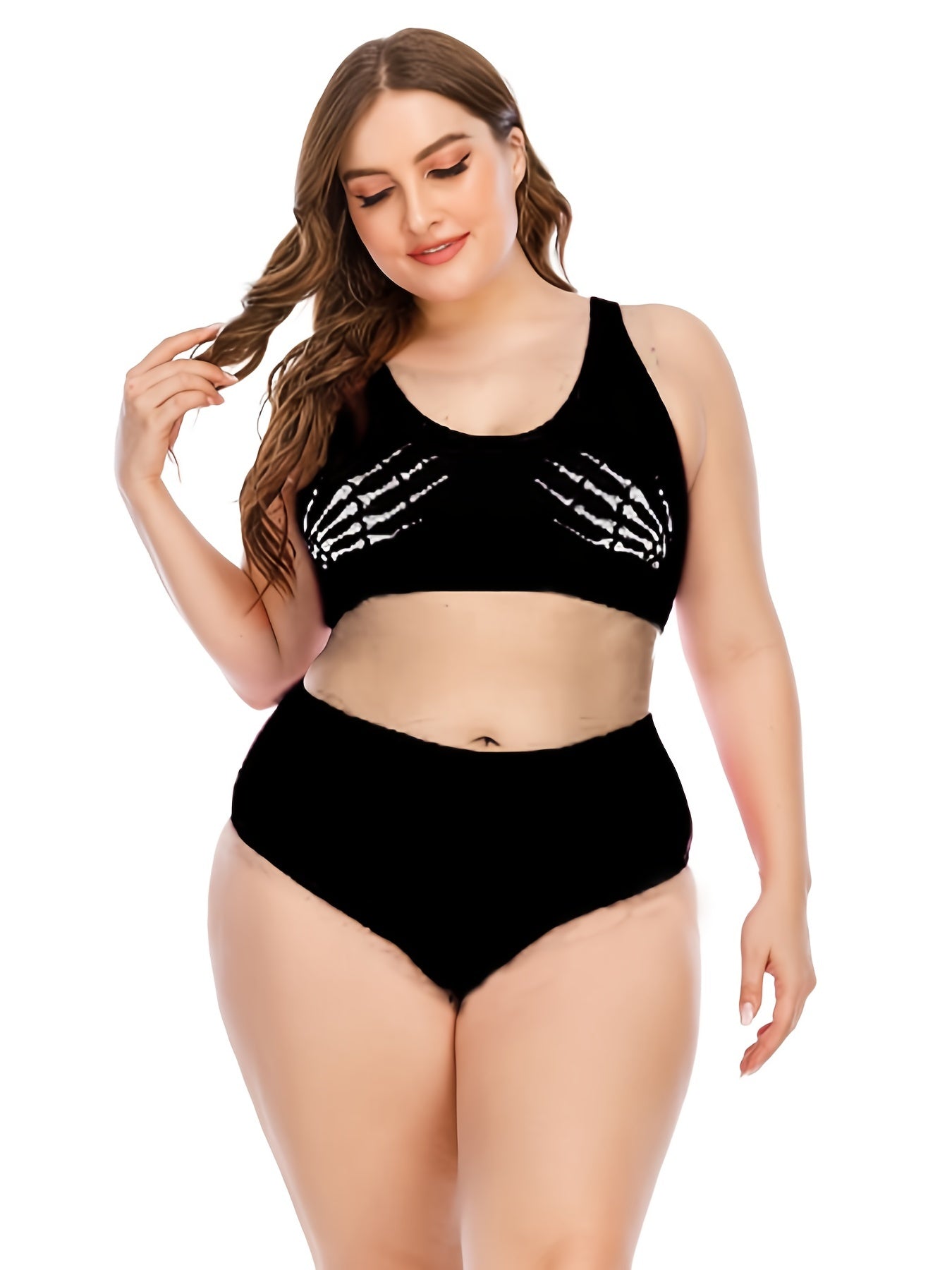  Skull Print Crop Tank Top & Panty Swimsuit Set