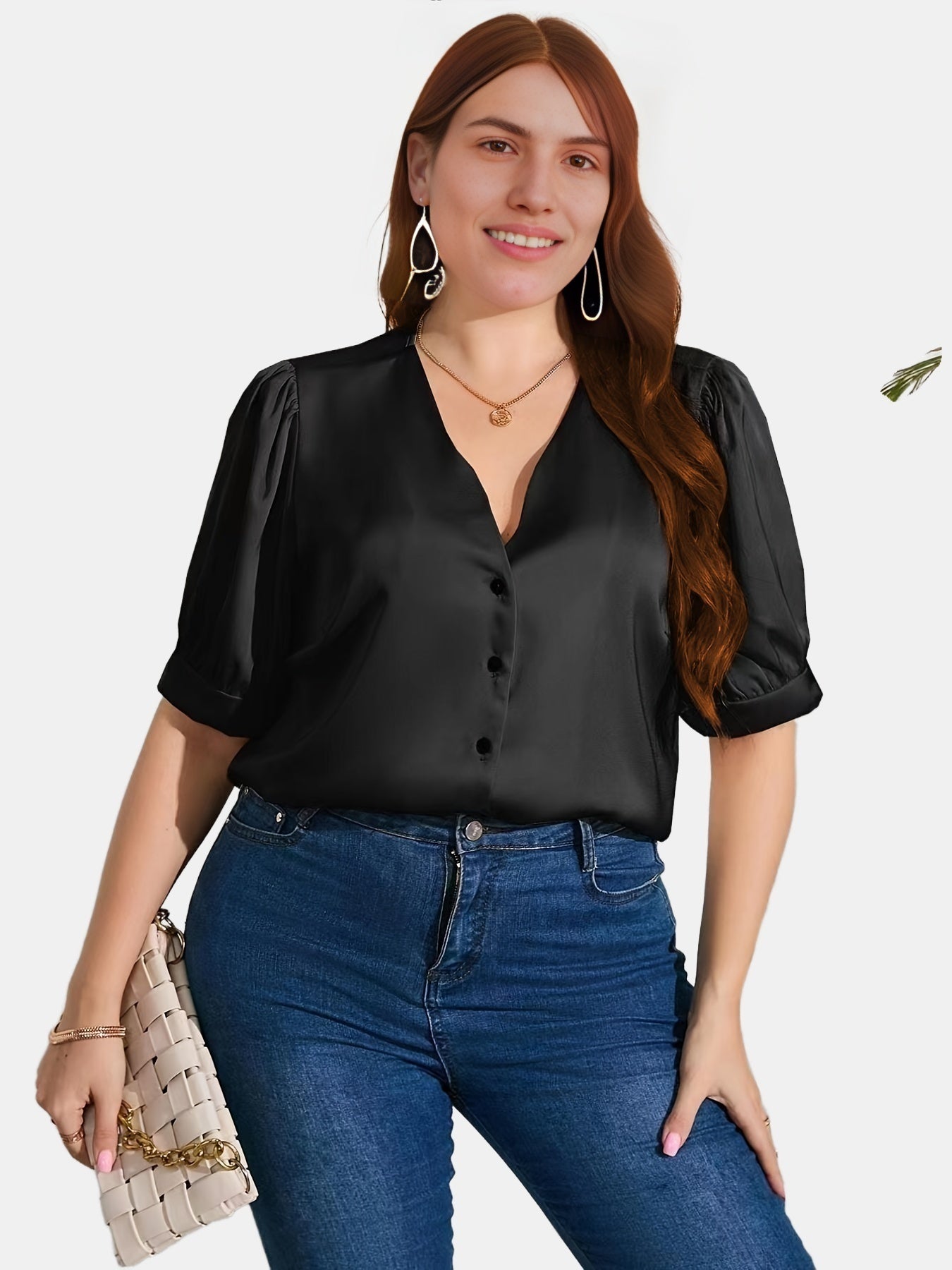  Satin Puff Sleeve V Neck Shirt Women's Plus