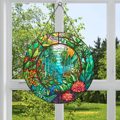 Acrylic Glass Coconut Tree Disc Ornament Jungle Flowers Plants Retro
