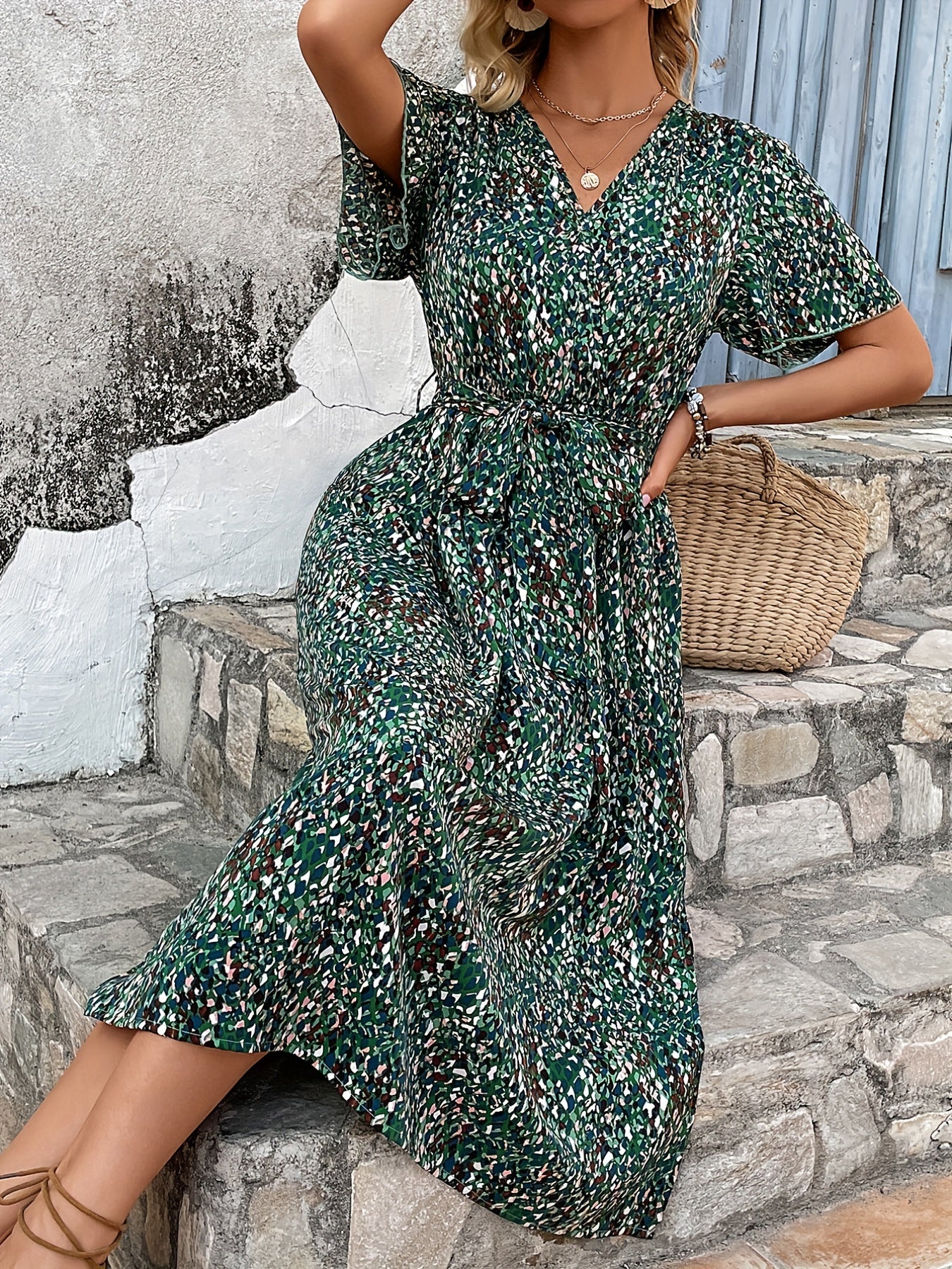  Ditsy Print Short Sleeve Surplice Neck Dress With Belt