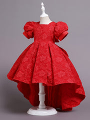 Girls' Formal Flower Jacquard Bubble Sleeve Trailing Evening Dress