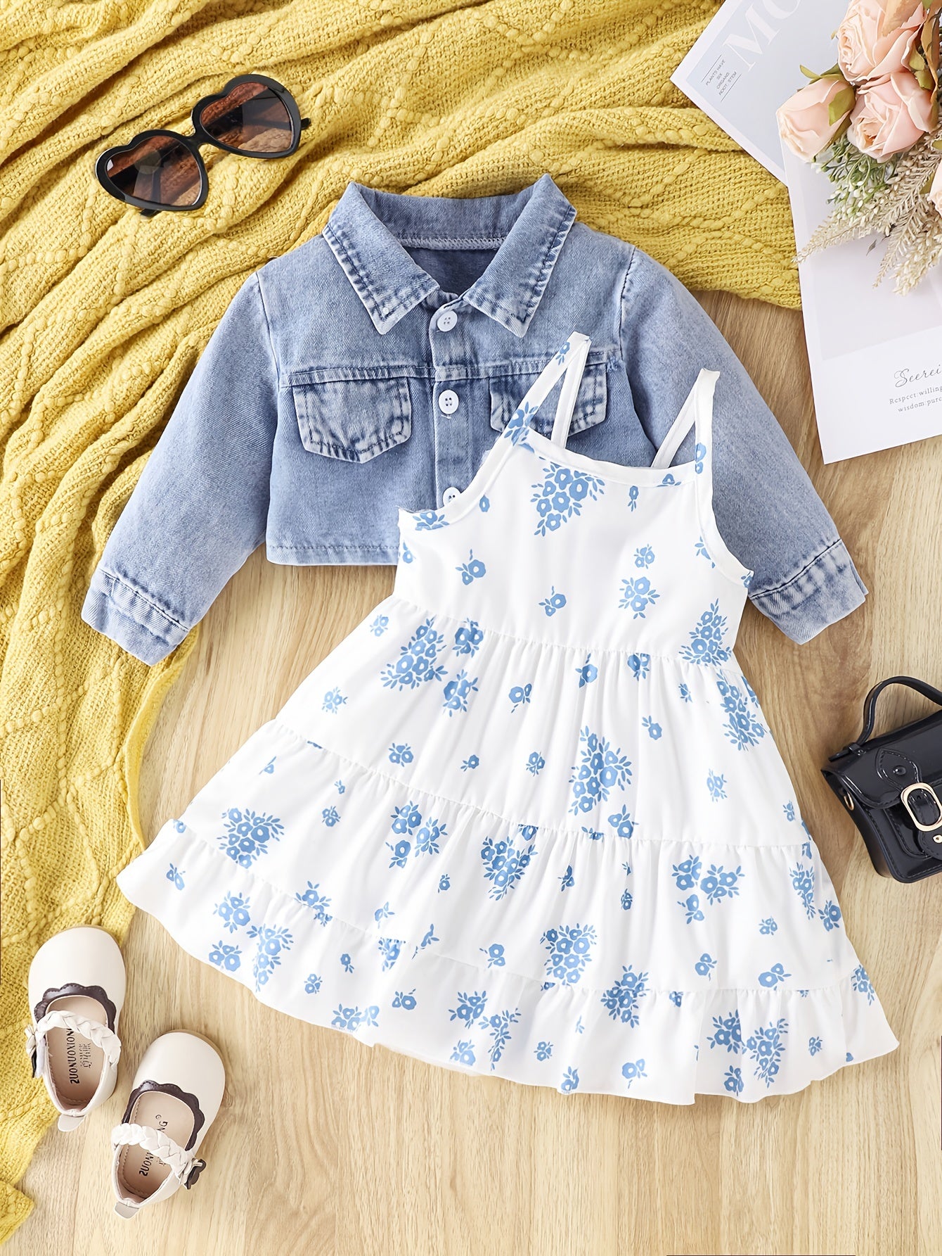 Baby Girls Stylish Denim Short Coat & Floral Print Suspender Dress Set