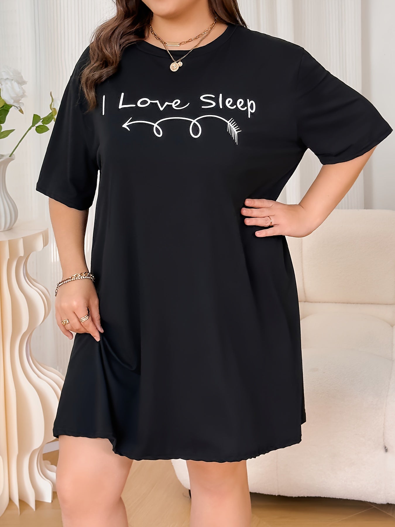  Letter Graphic Nightdress Short Sleeve Sleep Dress