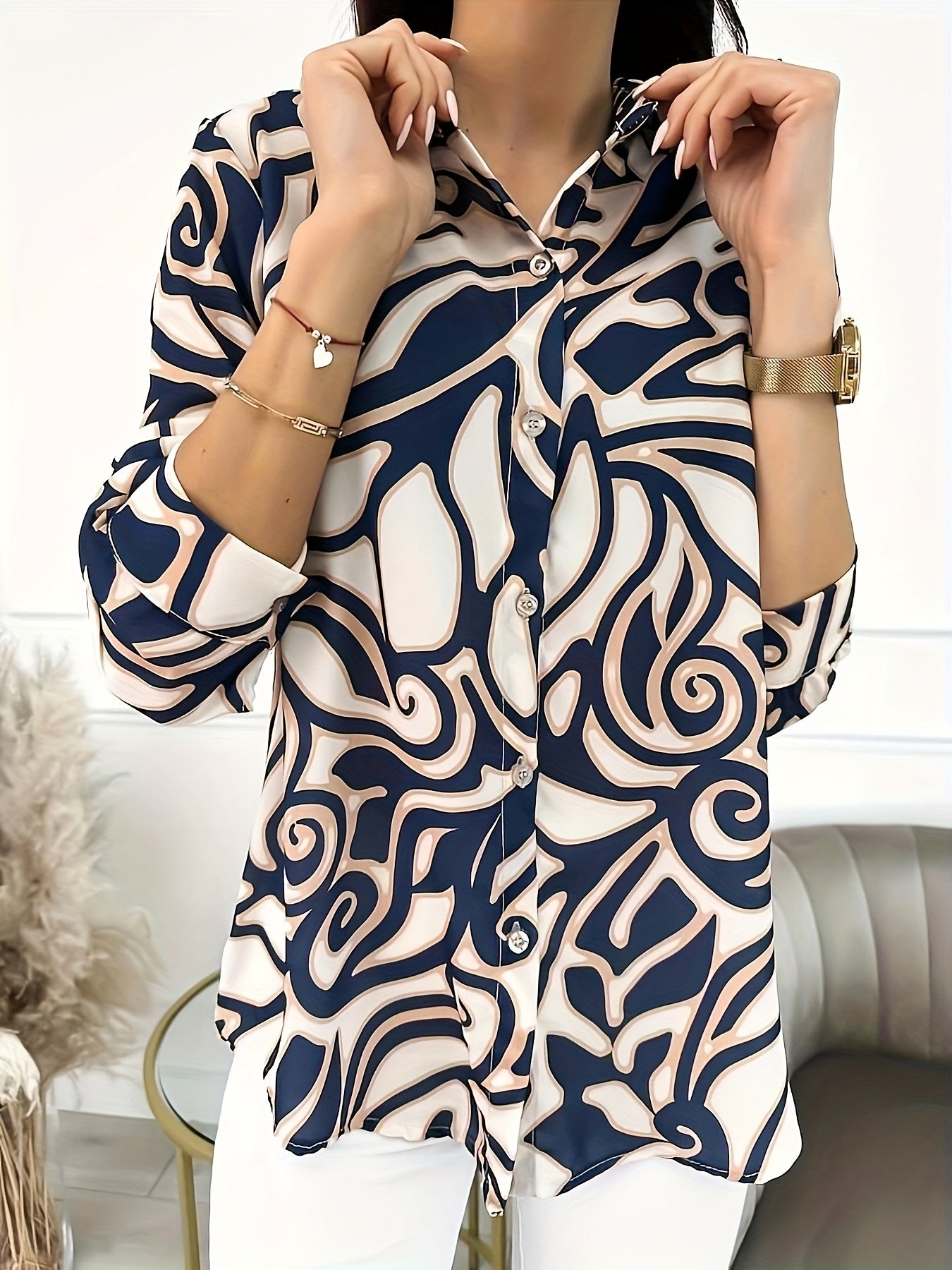  Abstract Stripe Print Long Sleeve Shirt Top