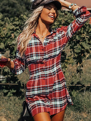  Plaid Print Roll Up Sleeve Shirt Dress