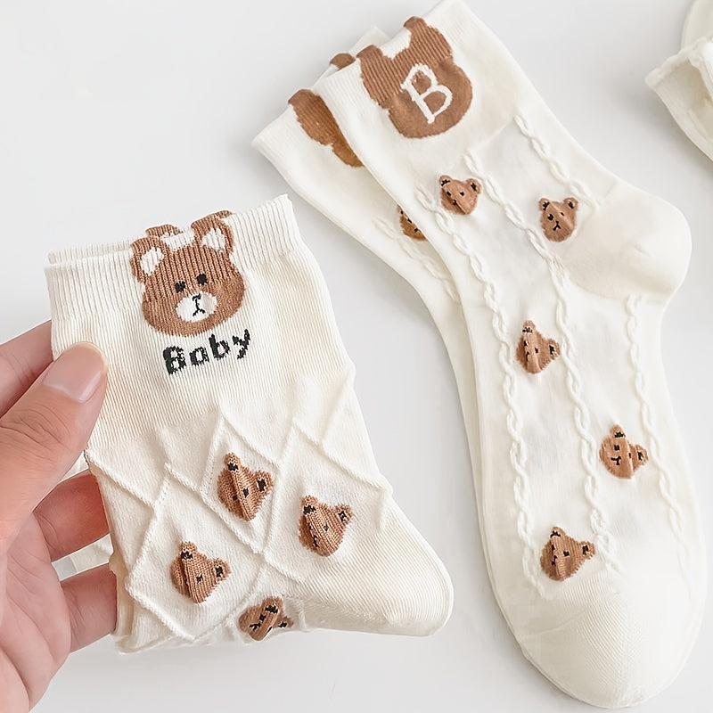 5 Pairs Cartoon Bear Print Socks & Mid Tube Stockings