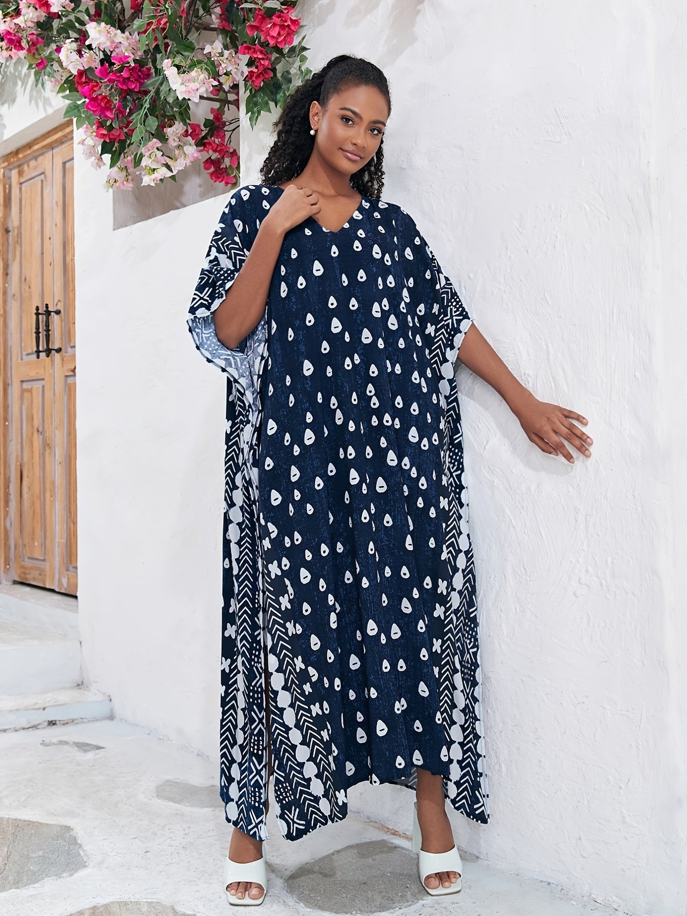  Boho Kaftan Dress Women's Allover Print Batwing Sleeve V Neck