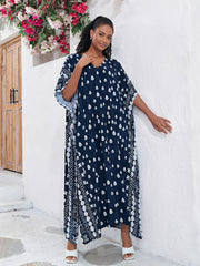 Boho Kaftan Dress Women's Allover Print Batwing Sleeve V Neck