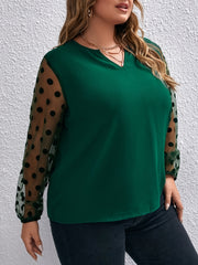  Dot Print Mesh Lantern Sleeve V Neck Top