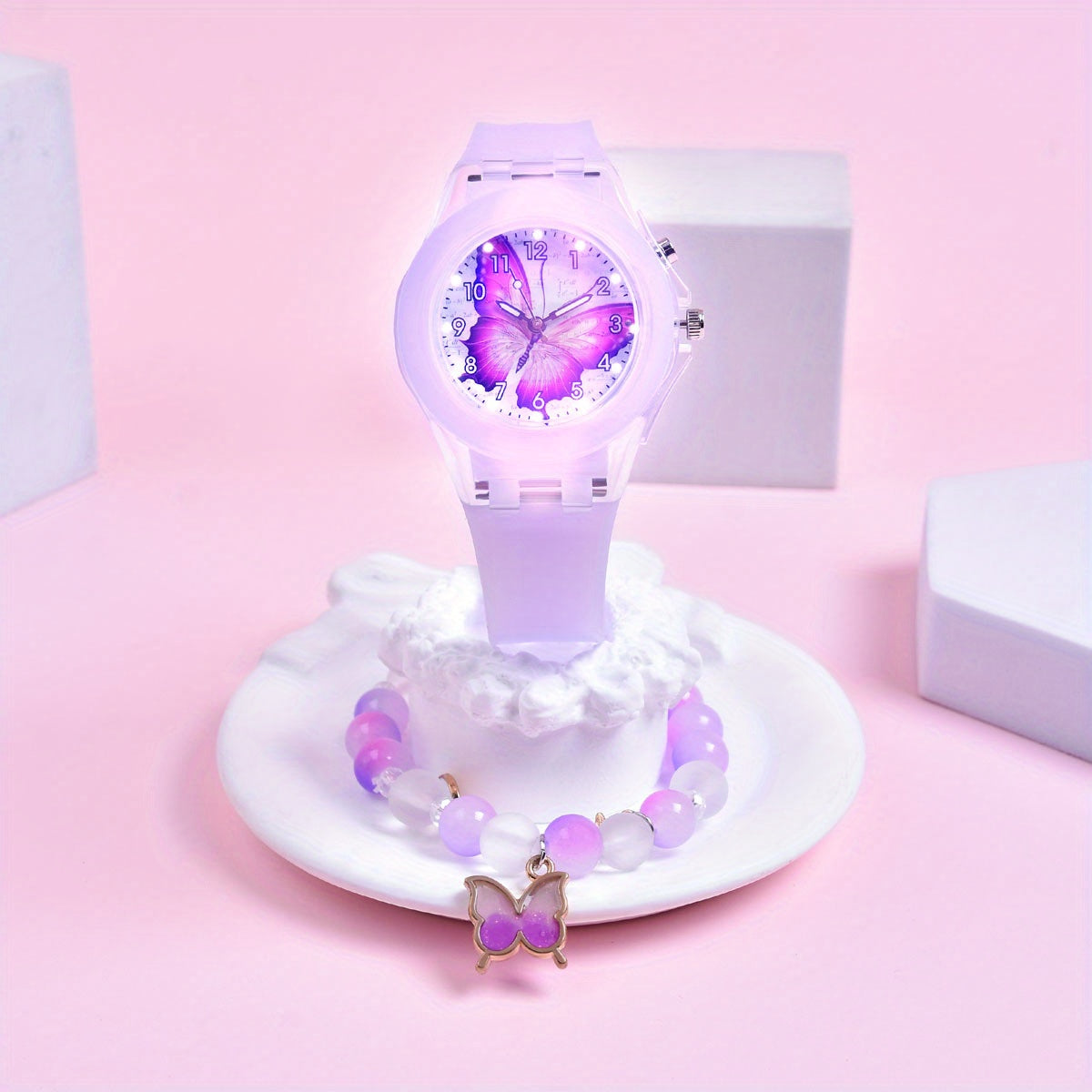 Girls' Silicone Strap Pointer Watch Set Butterfly Quartz Wristwatch