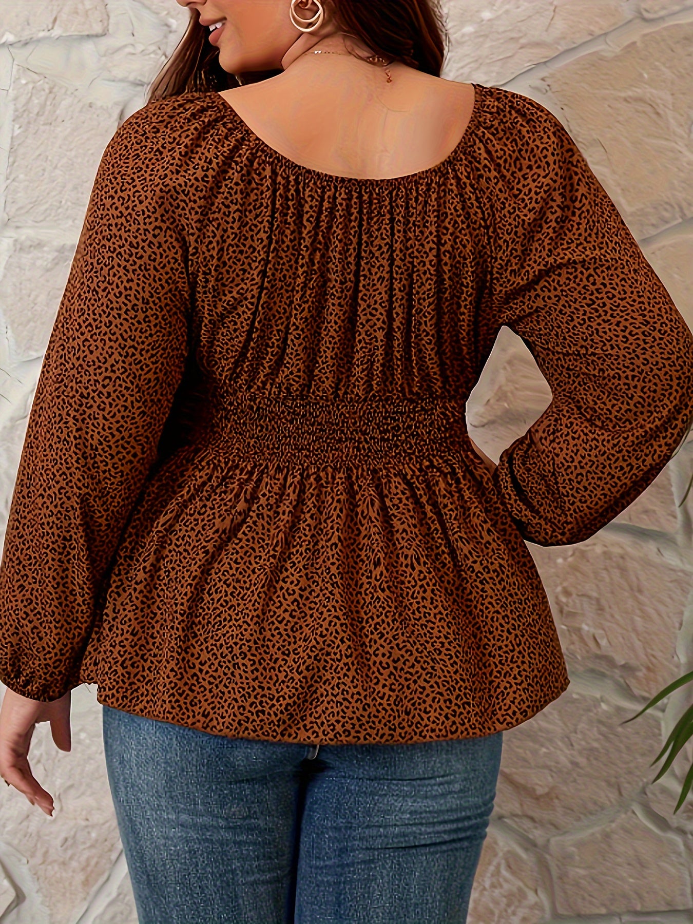 Leopard Print Lantern Sleeve Peplum Top