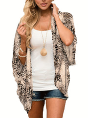 Leopard Print Cover Up Shirt V Neck Loose Fit Long Sleeves Beachwear