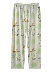  Cartoon Duck Print Pajama Bottoms Elastic Waist Loungewear Pants