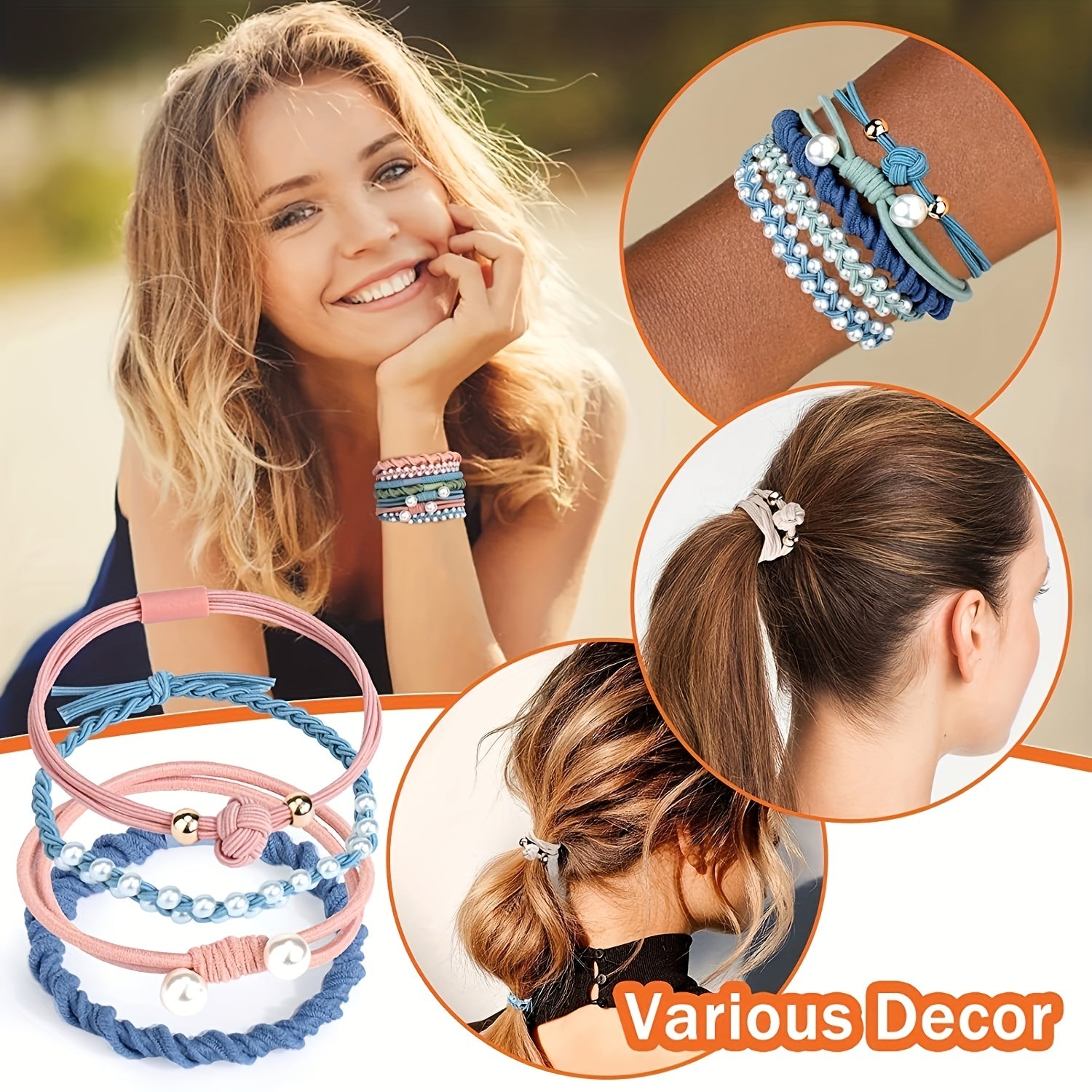 Boho Bracelet Hair Tie Elastic Hair Rope Faux Pearl Hair Ring Spiral Pattern