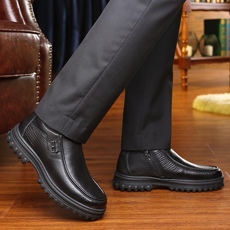 LAORENTOU Men's Leather Warm Plush Lining Casual Zipper Boots