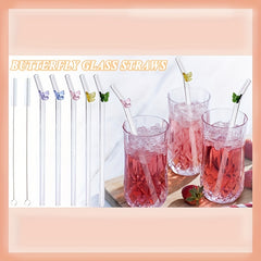 7pcs Butterfly Glass Straws Reusable Dishwasher Safe 2 Cleaning Brushes