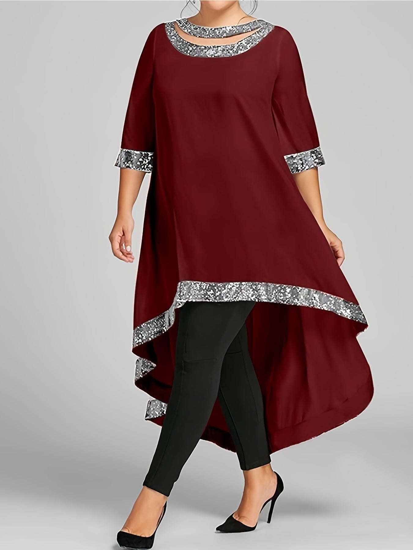  Dress Women's Plus Sequined Trim Cut Out Asymmetric Neck Half...