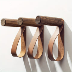 Wooden Hook w/ PU Leather Strap Wall Hook Coat Hanger