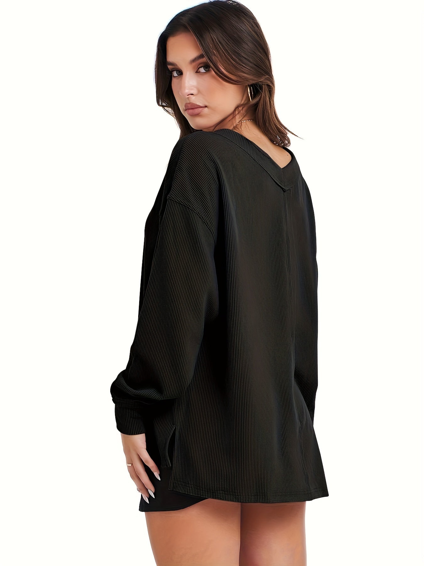  Solid Long Sleeve V Neck Knit Top