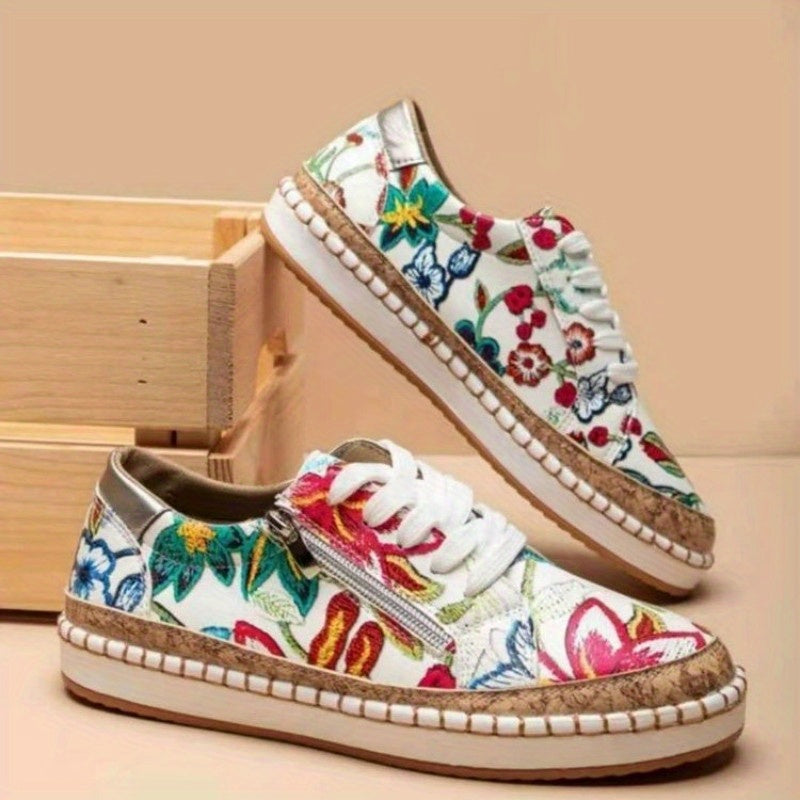 Floral Print Flat Sneakers Low Top Shoes Lace Zipper Casual Walking Shoes