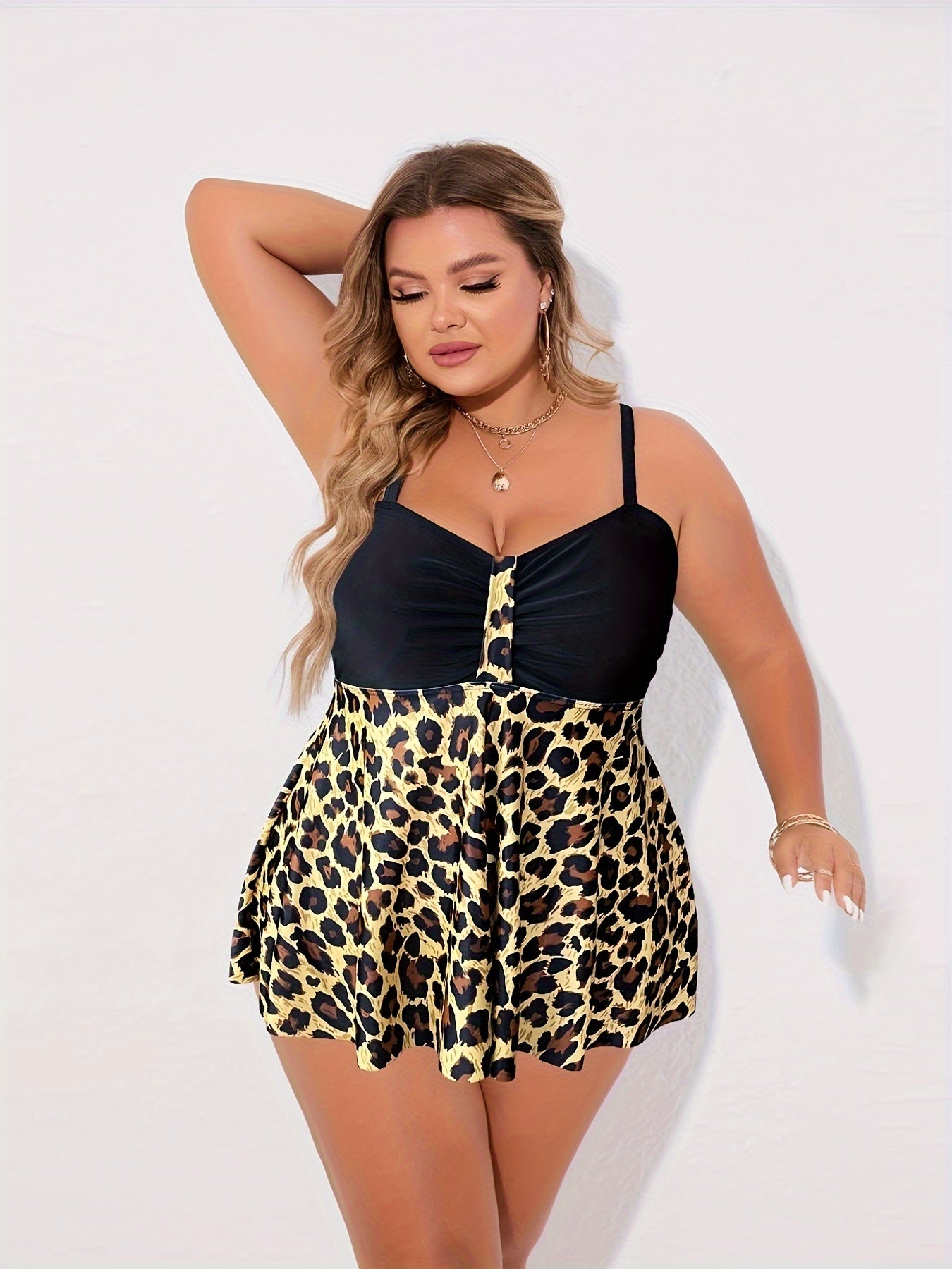  Leopard Print Tankini Set V Neck Ruched Cami Top & Panty Swimsuit