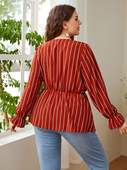  Striped Print V Neck Peplum Blouse Long Sleeve Casual Top