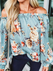  Floral Print Off Shoulder Lantern Sleeve Top