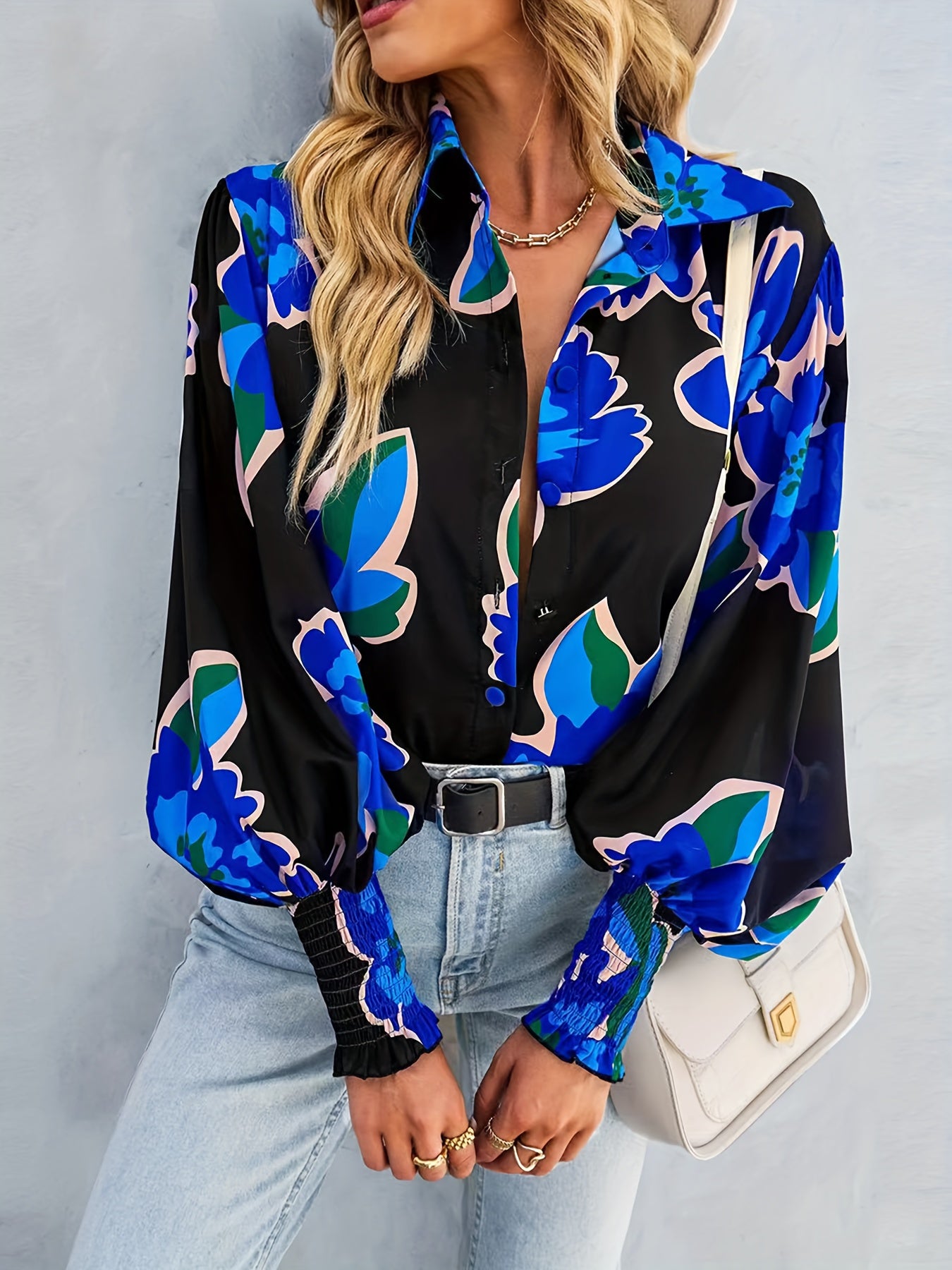  Floral Print Button Up Lantern Sleeve Blouse