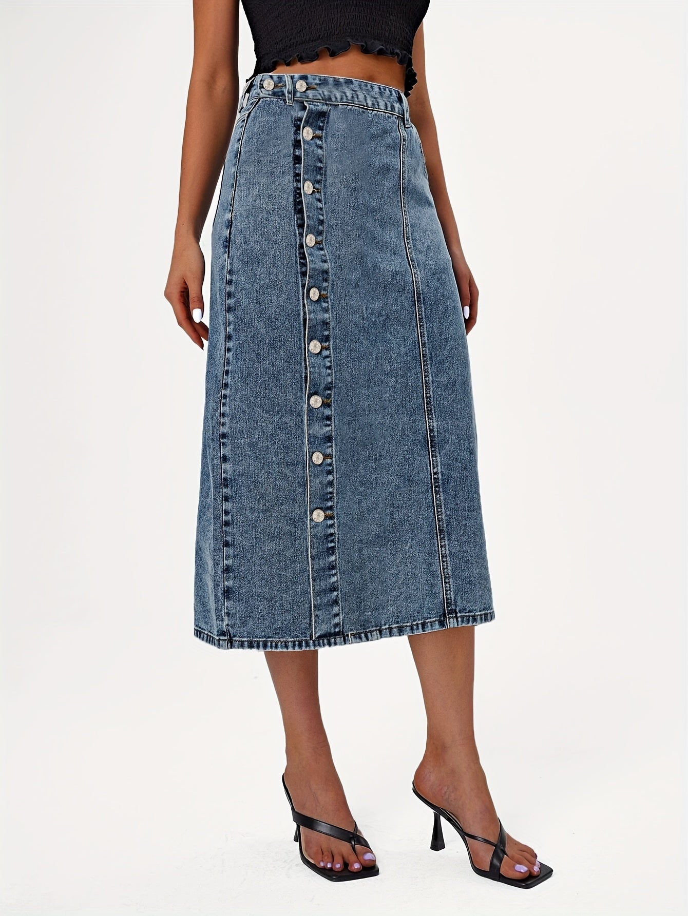 High Waist Button Fly Denim Skirt