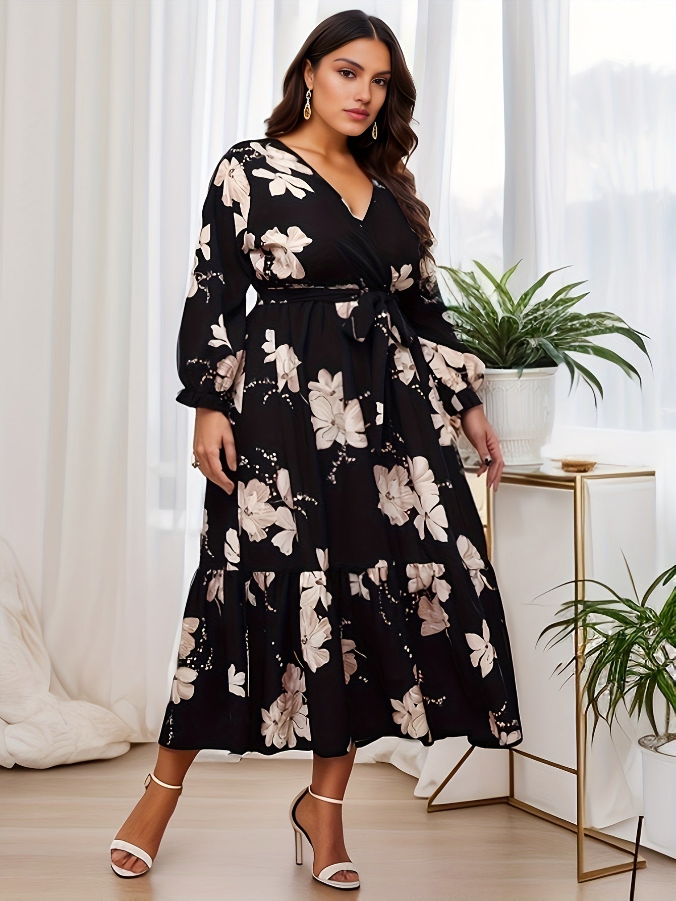 Floral Print Lantern Sleeve Smock Dress With Belt