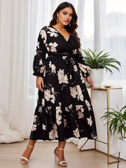Floral Print Lantern Sleeve Smock Dress With Belt