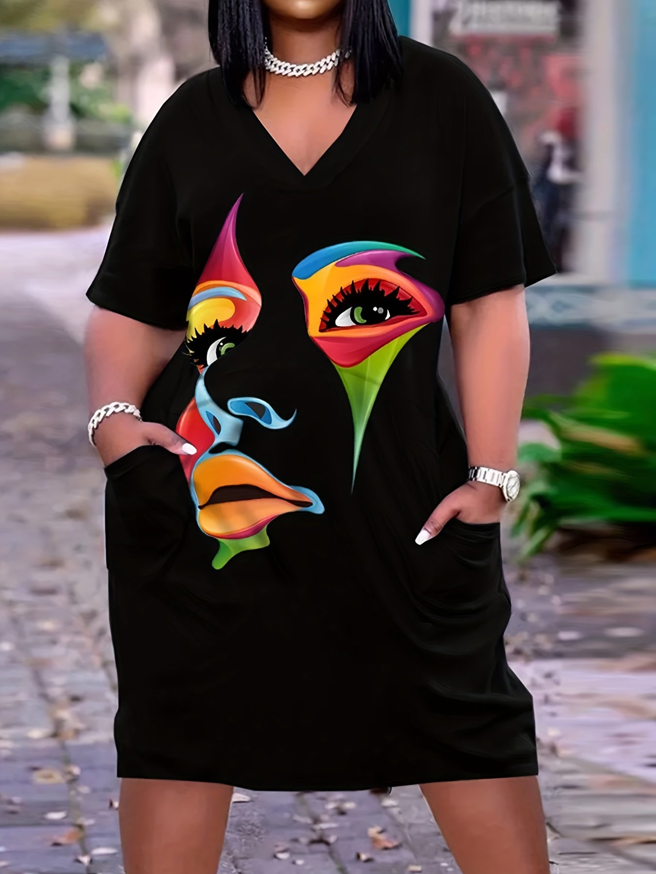 Abstract Print Short Sleeve V Neck Dress With Pockets