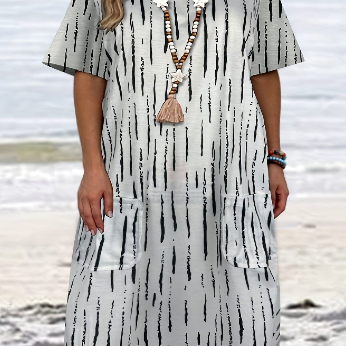 Casual Dress Women's Plus Strip Print Button Decor Short Sleeve