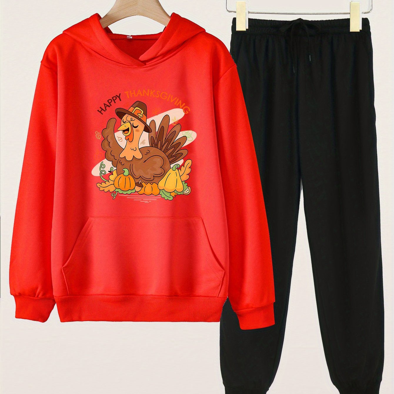 2pcs Turkey Print Hoodies Jogger Pants Set Girls Sports Spring Fall Gift