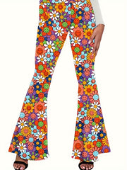 Floral Print High Waist Hippie Pants Casual Flare Leg Pants For Spring & Summer