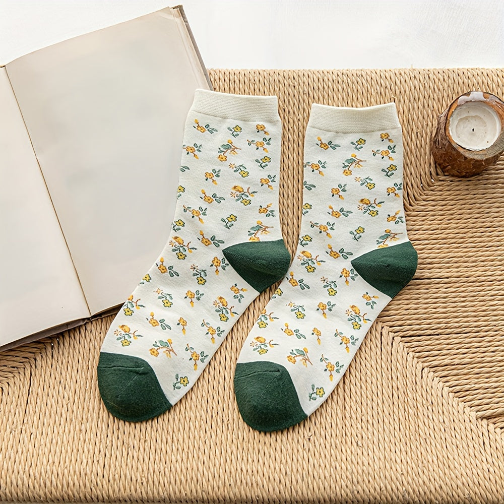 Floral & Plaid Print Socks - Women's Mid Tube Stockings
