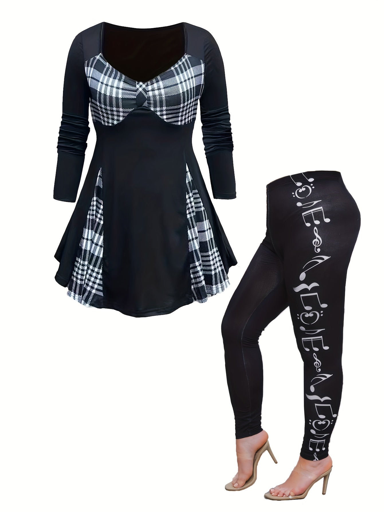  Colorblock Plaid Long Sleeve Top & Leggings Set