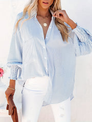  Stripe Print Long Sleeve Button Up Tunic Shirt Top