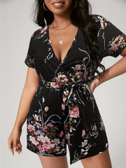 Floral Print Short Sleeve Romper with Belt