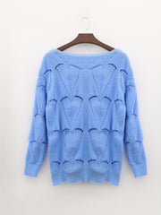  Casual Sweater Women's Hollow Out Long Sleeve V Neck Medium Stretch