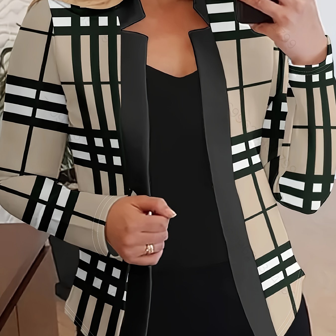  Plaid Print Long Sleeve Split Collar Blazer
