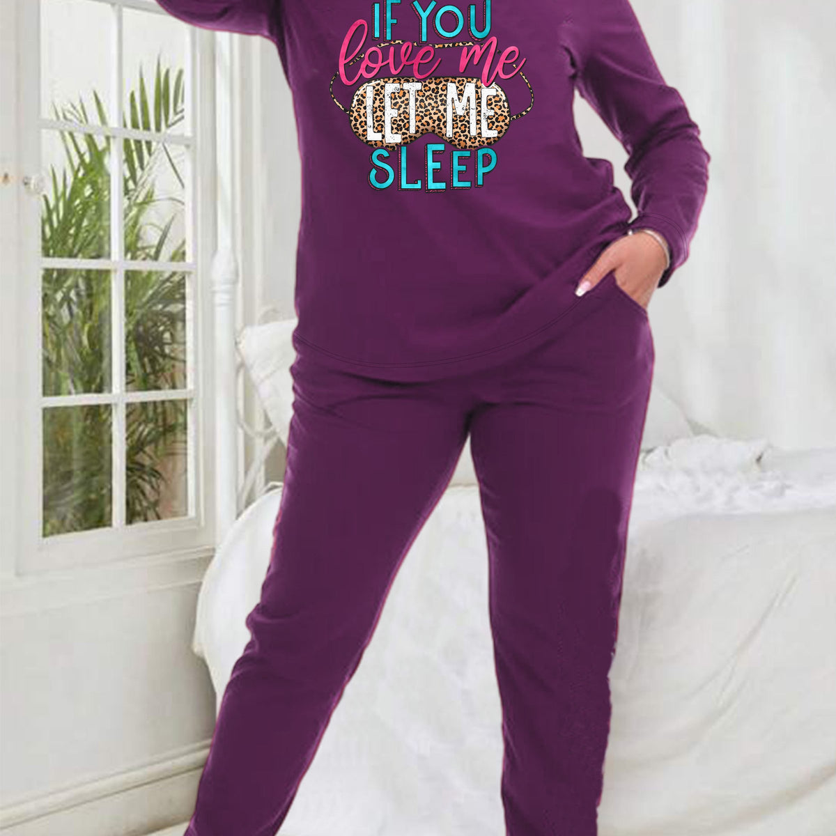  Leopard Eye Mask & Letter Graphic Pajama Set