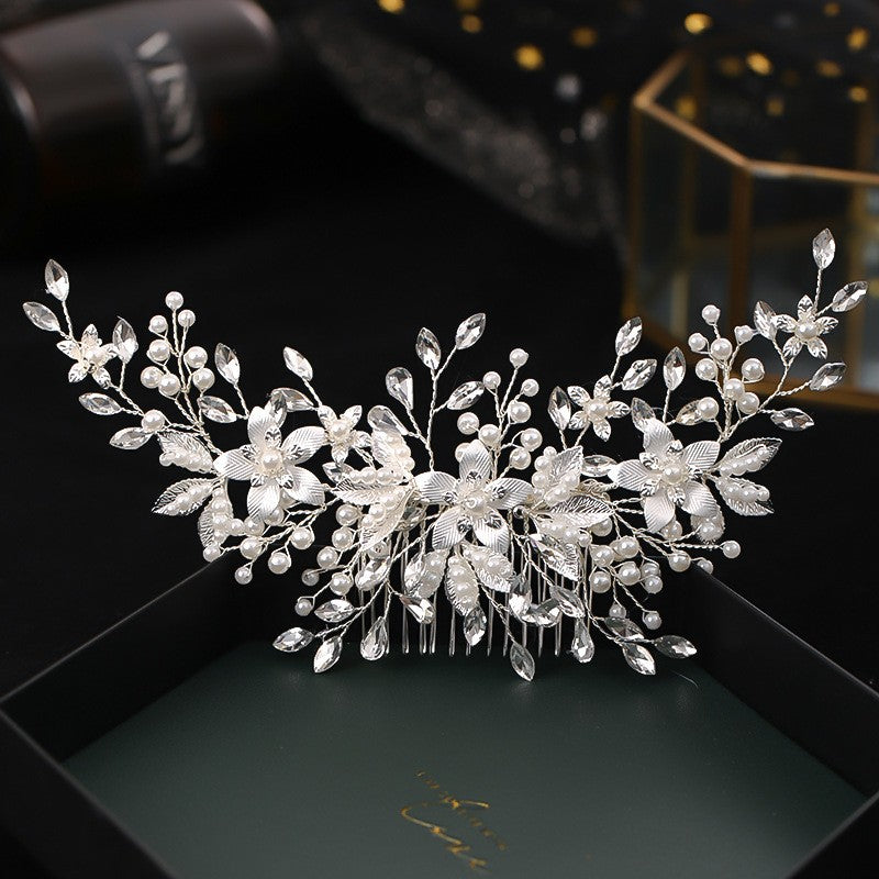 Crystal Silver Pearl Bridal Comb Floral Wedding Rhinestone Pearl Comb