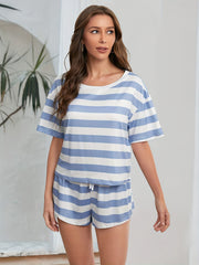 Striped Print Two-piece Set Crew Neck Tee & Drawstring Short