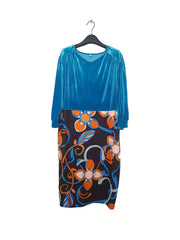  Colorblock Floral Print Lantern Sleeve Dress
