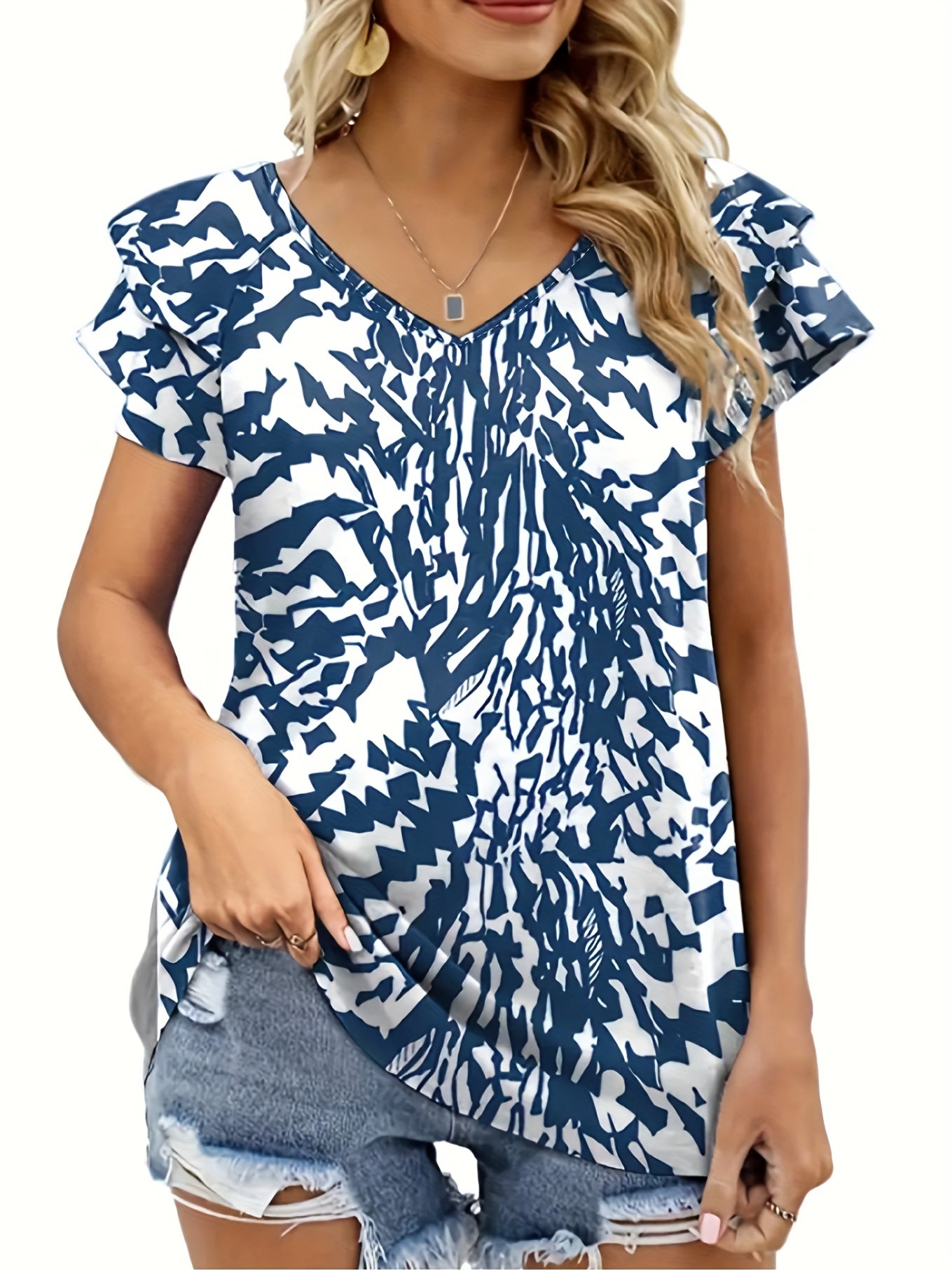 Casual Blouse Women's Plus Allover Print Layered Cap Sleeve V Neck Top