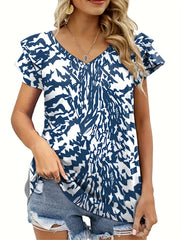  Casual Blouse Women's Plus Allover Print Layered Cap Sleeve V Neck Top
