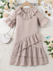 Kid Girls' V-Neck Ruffle Fringes Dress Short Sleeve