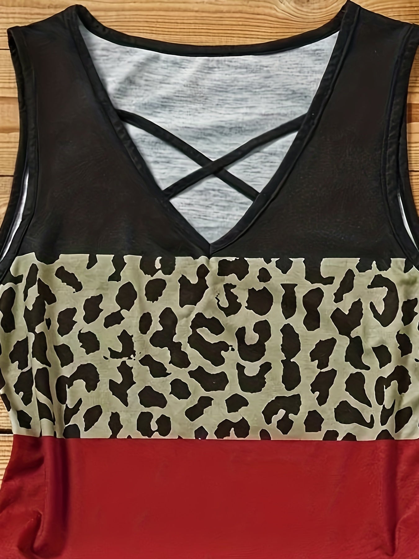  Colorblock Leopard Print Criss Cross V-Neck Tank Top