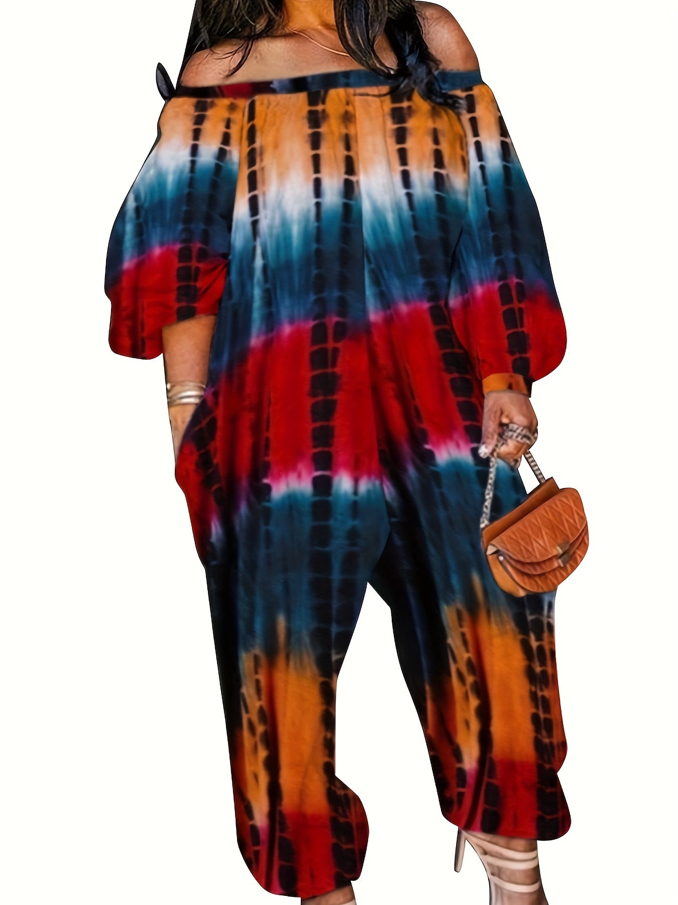  Boho Tie Dye Off Shoulder Lantern Sleeve Jumpsuit